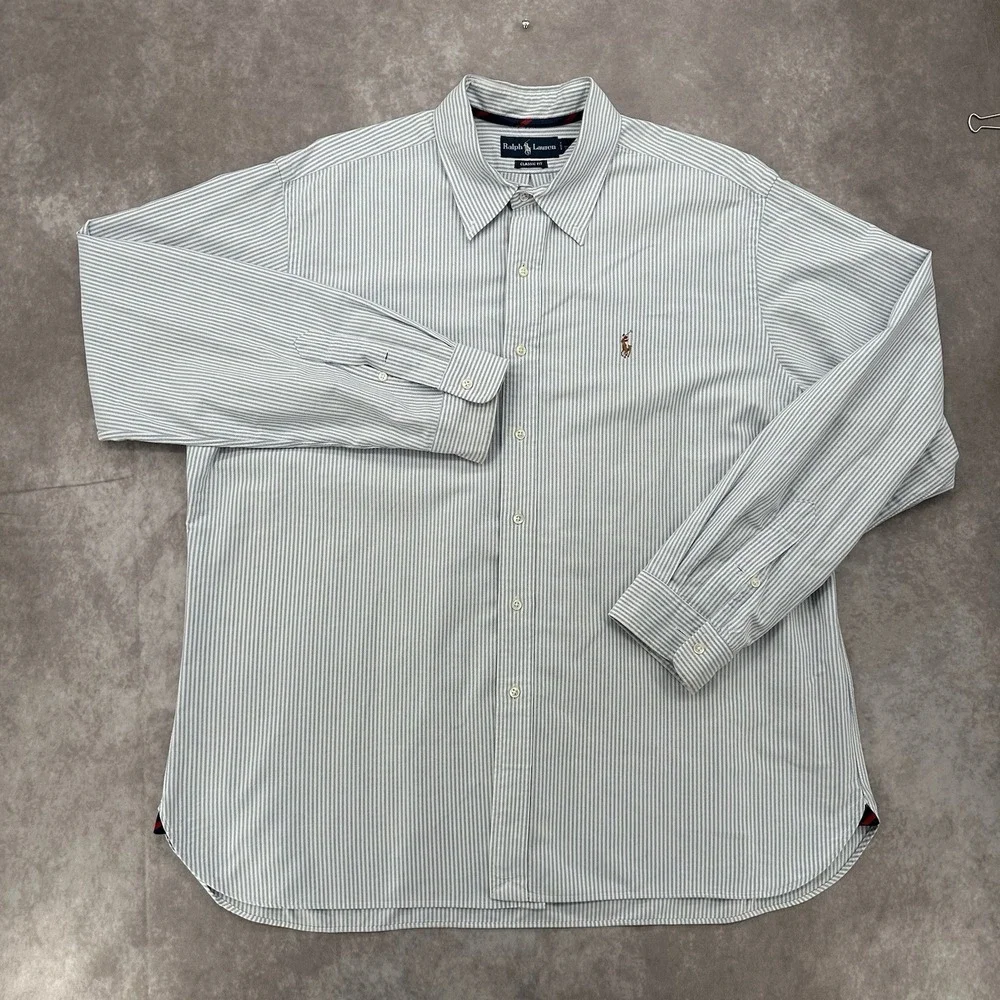 Vintage Ralph Lauren 2XL Classic Fit Blue White Stripe Polo Horse Shirt